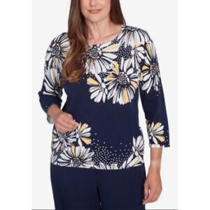 Alfred Dunner Women's 1X Navy Floral Print Blouse with Embellishments